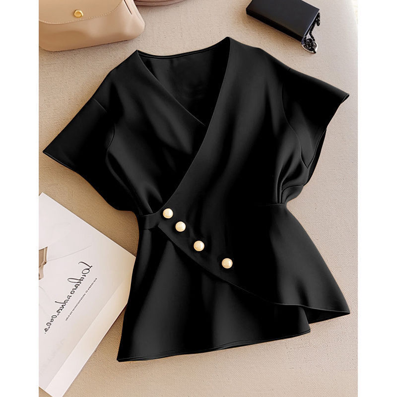 French Style Designer T-shirt Light Luxury Waist-cinching V-neck Polo Short Sleeve Shirt For Women Unique Design Niche Summer Fashion Designer Hoodie Exquisite