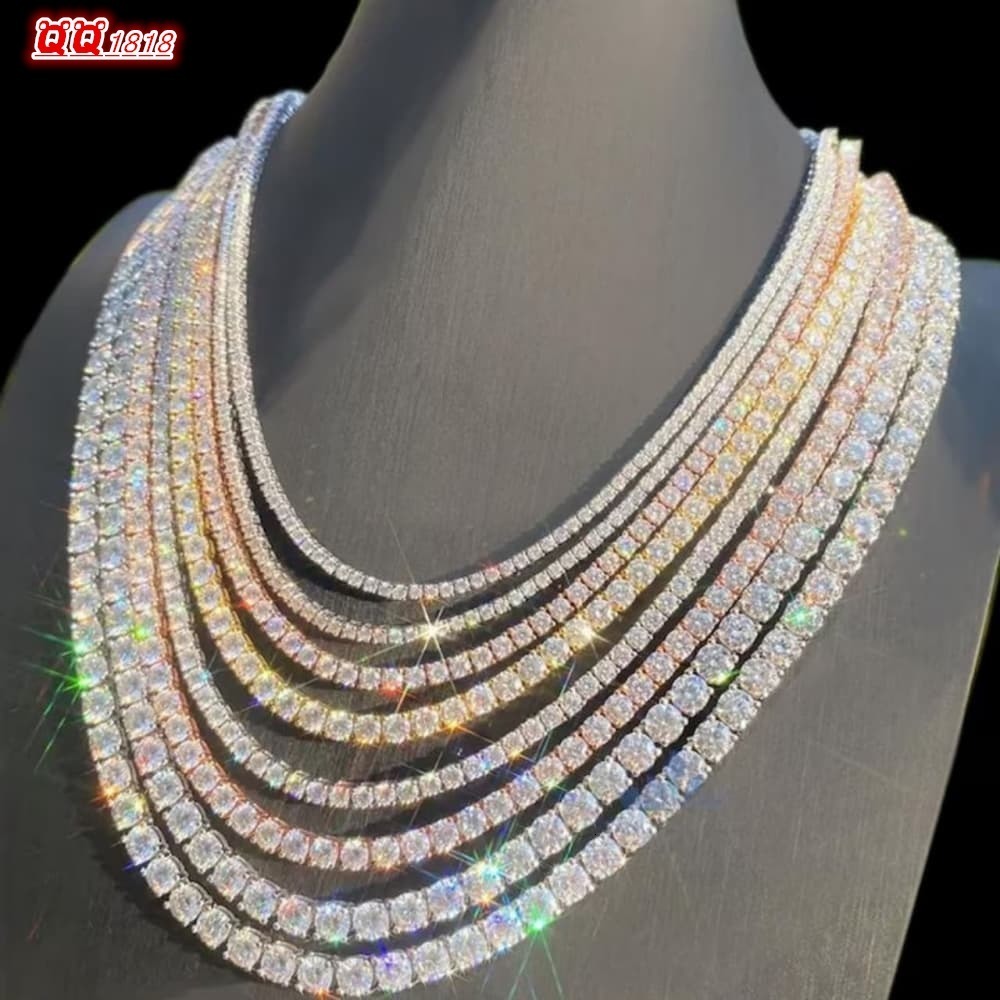 Hip Hop Jewelry 2-6mm Tennis Chain Vvs Round Lab Grown Diamond Mossanite 925 Sterling Silver Tennis Necklace for Men and Women