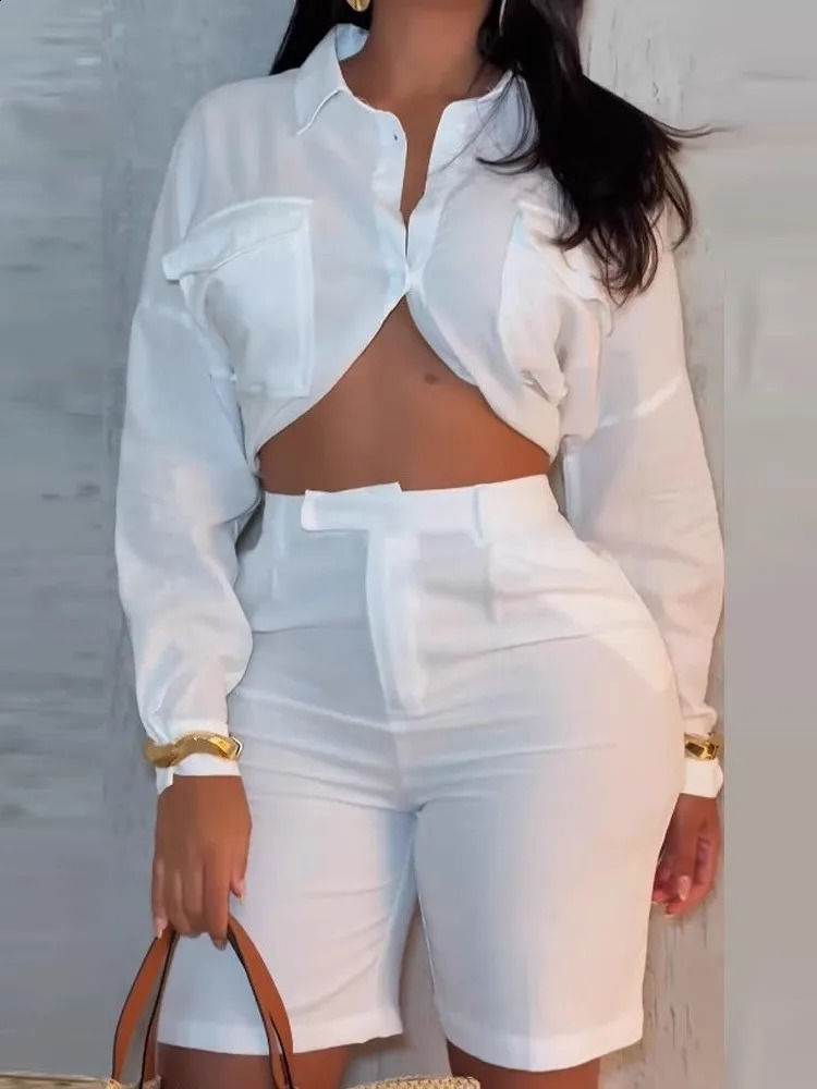 Womens Two Piece Sets Suit Temperament Elegant Solid White Loose Long Sleeves Exposed Waist Shirt High Waist Shorts Women Suit 260318