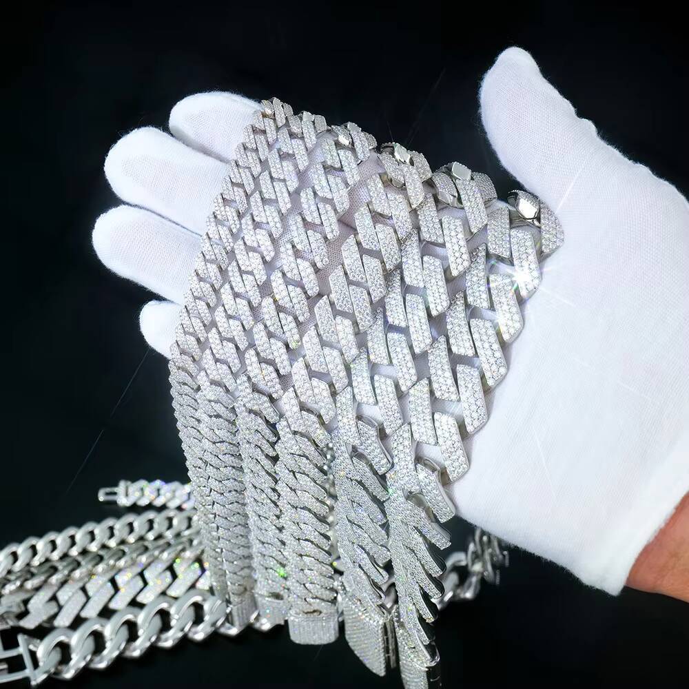 Hot Sale Hip Hop Style Iced Out 20mm Mosaic Set 925 Silver Moissanite Cuban Link Chain Necklace