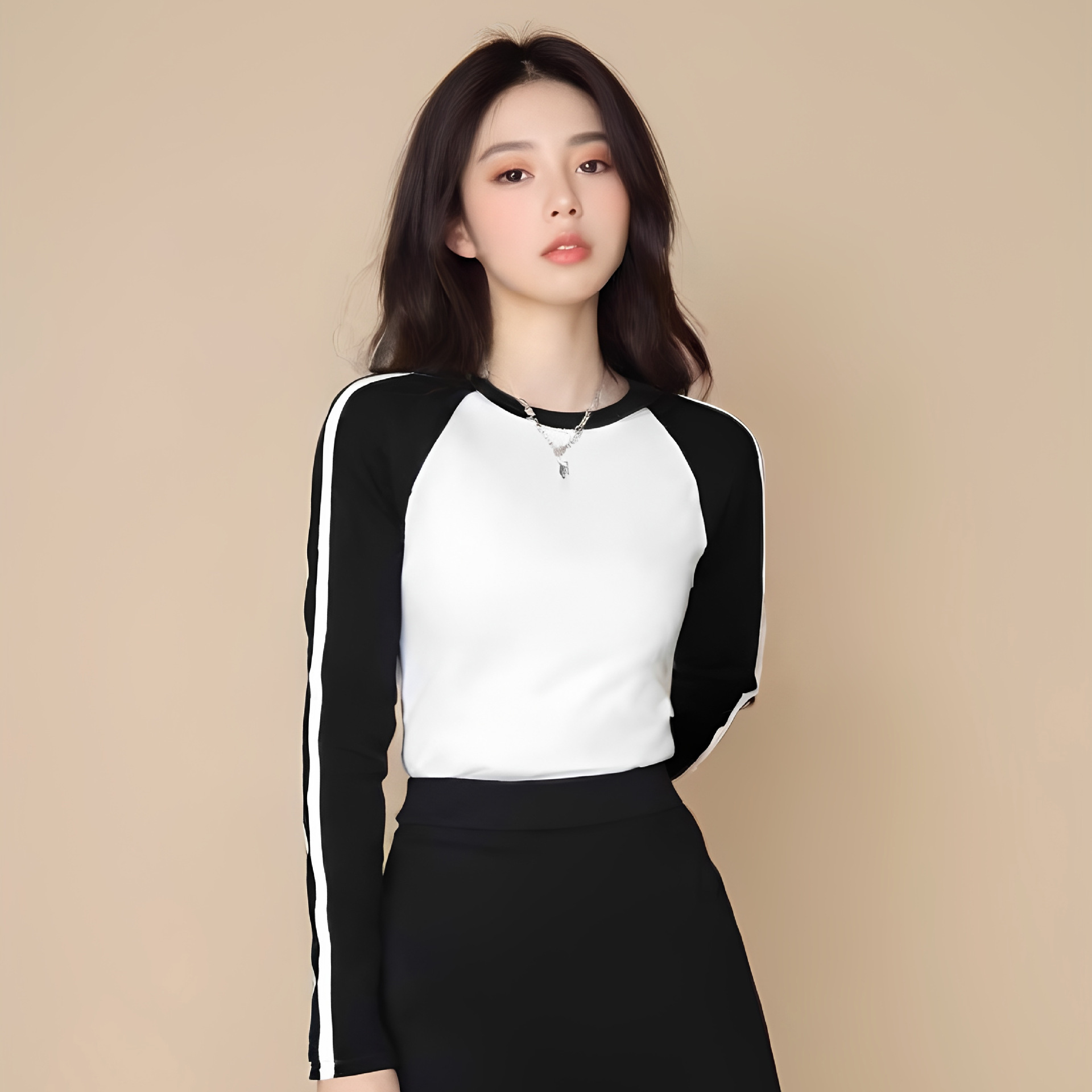 Contrast Color Retro Raglan Sleeve T-shirt For Women Short Top In Modal Fabric Suitable Polo And Autumn American Style Designer Hoodie Long Sleeve Designer T-shirt