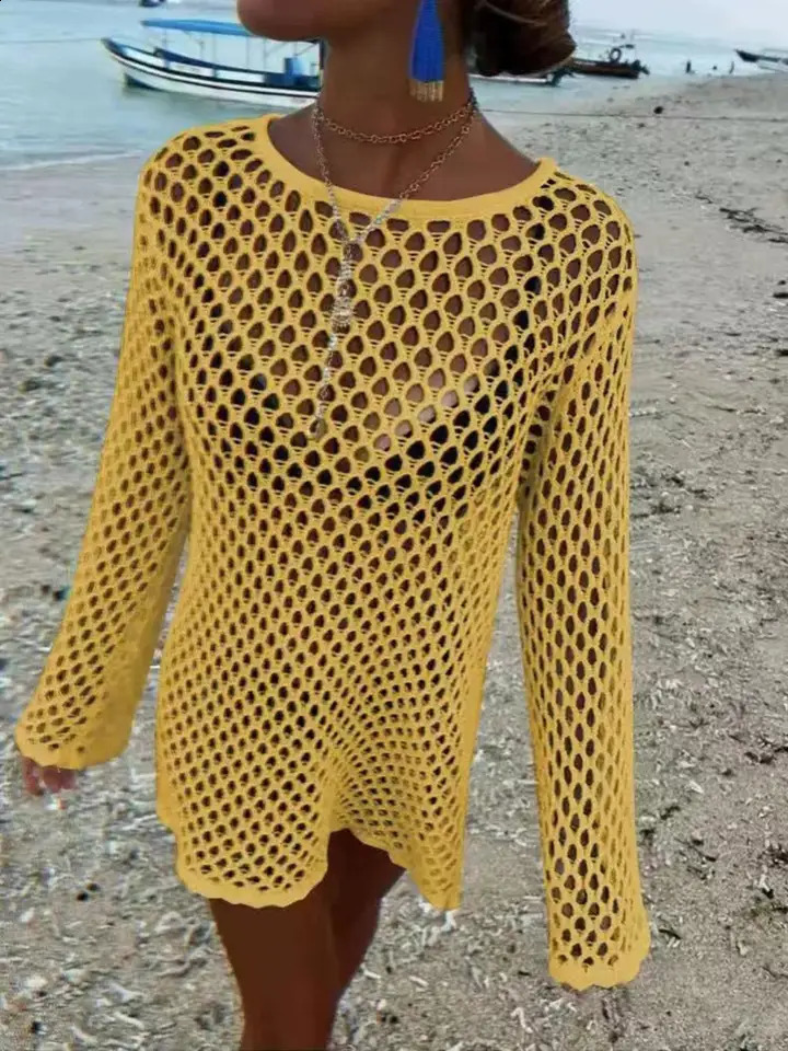 Beach Style Hollow Out Bikini Cover-UpRound Neck Knit Long Sleeve Casual Dress Fitted Plain nPerfect for Summer Holiday 260318