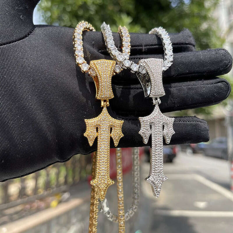 Jewelry T-shaped sword cross pendant necklace men's Silver inlaid Moissanite Hip Hop trendy jewelry