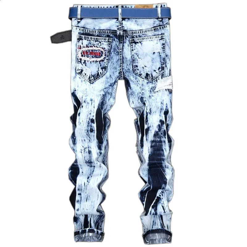 Mens Embroidered Patchwork Ripped Jeans without Belt Slim Fashion High Street Motorcycle Denim Pants Male ner Clothes 260618CJ - view 3