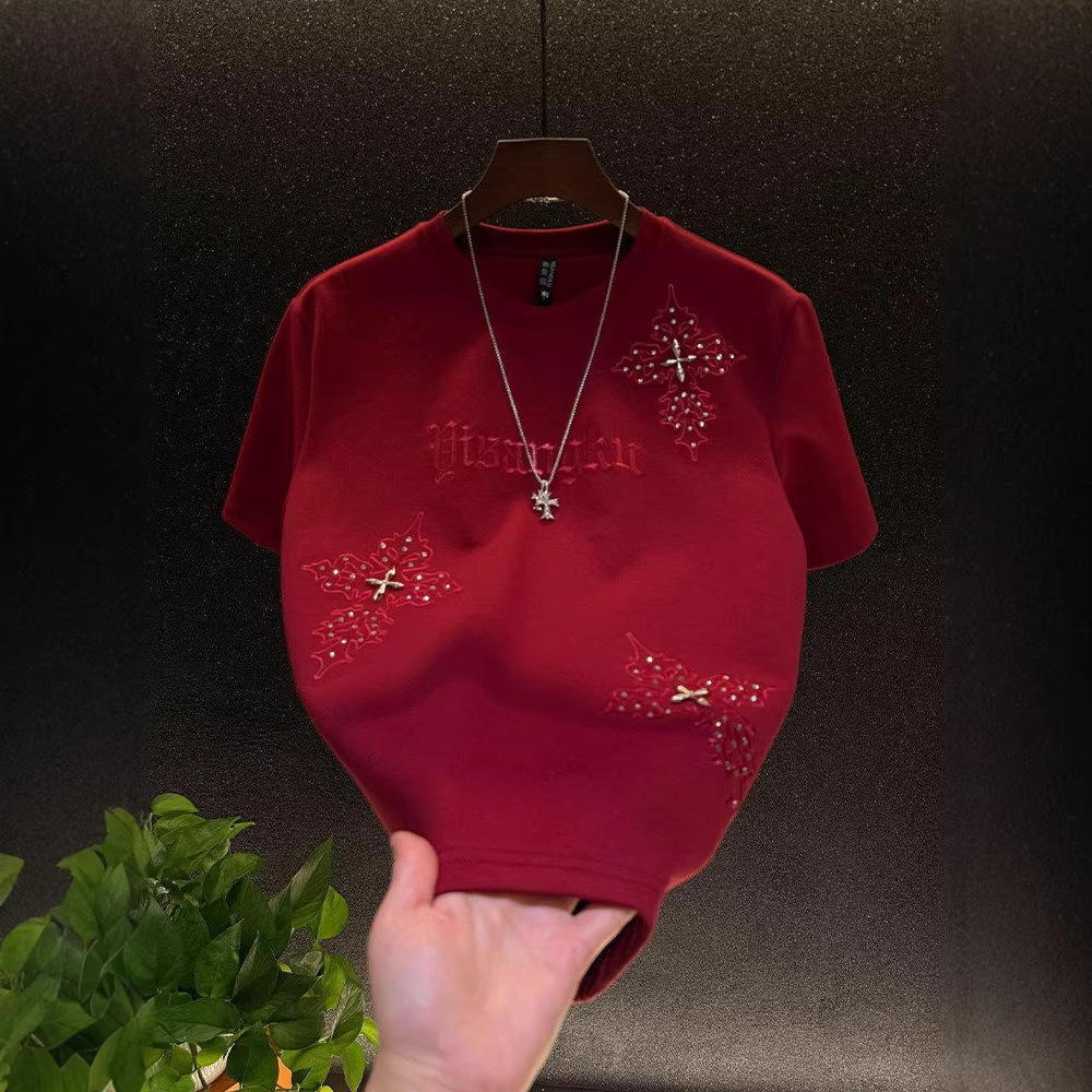2026 Spring New Embroidered Rhinestone Men's Short Sleeve Shirt Light Luxury Fashion Trend Round Neck Versatile Polo Designer T-shirt Designer Hoodie Half Sleeve