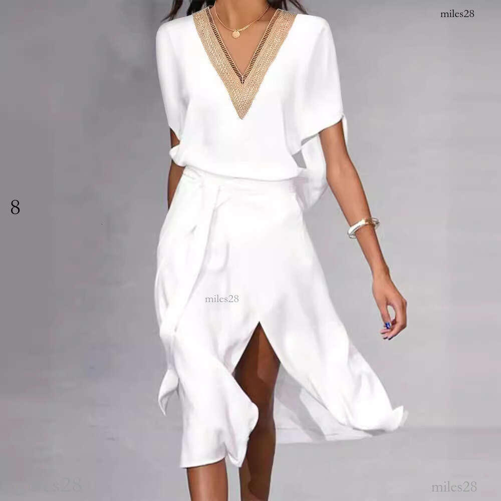 Dress designer dress European and American Summer Fashion Mature Women's Lace Trim V-neck Ti