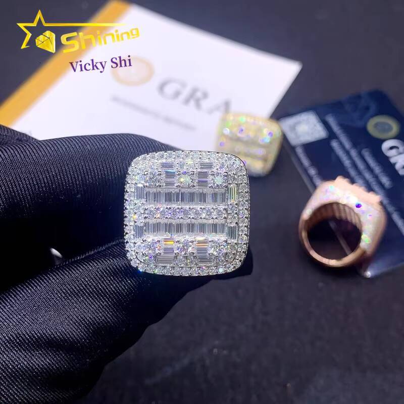 GRA Certificated 925 Solid Silver Gold Plated VVS Baguette Diamond Moissanite Custom Men Hip Hop Rings