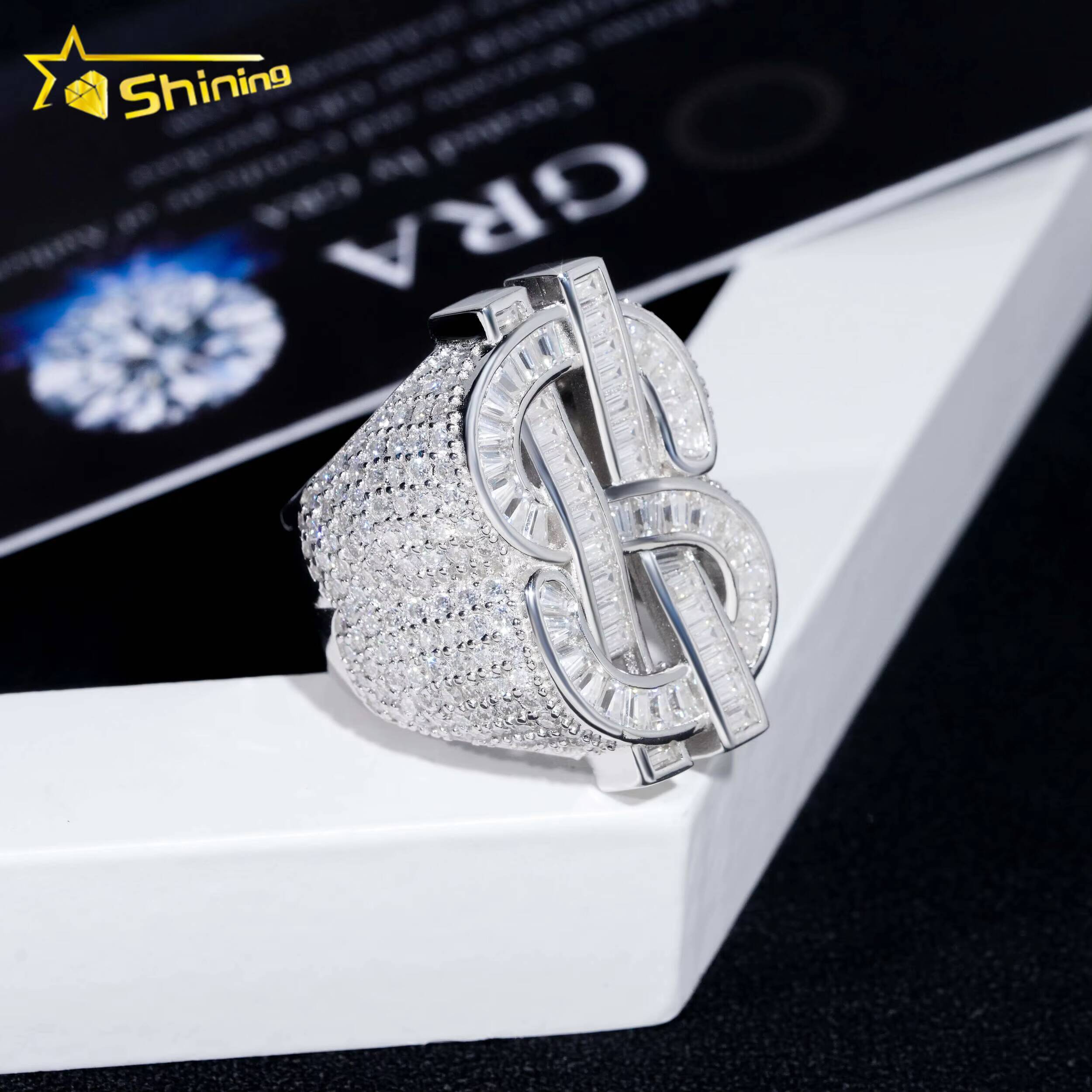 High Quality Luxury Baguette Dollar Sign 925 Silver Hip Hop Men Custom Moissanite Diamond Ring