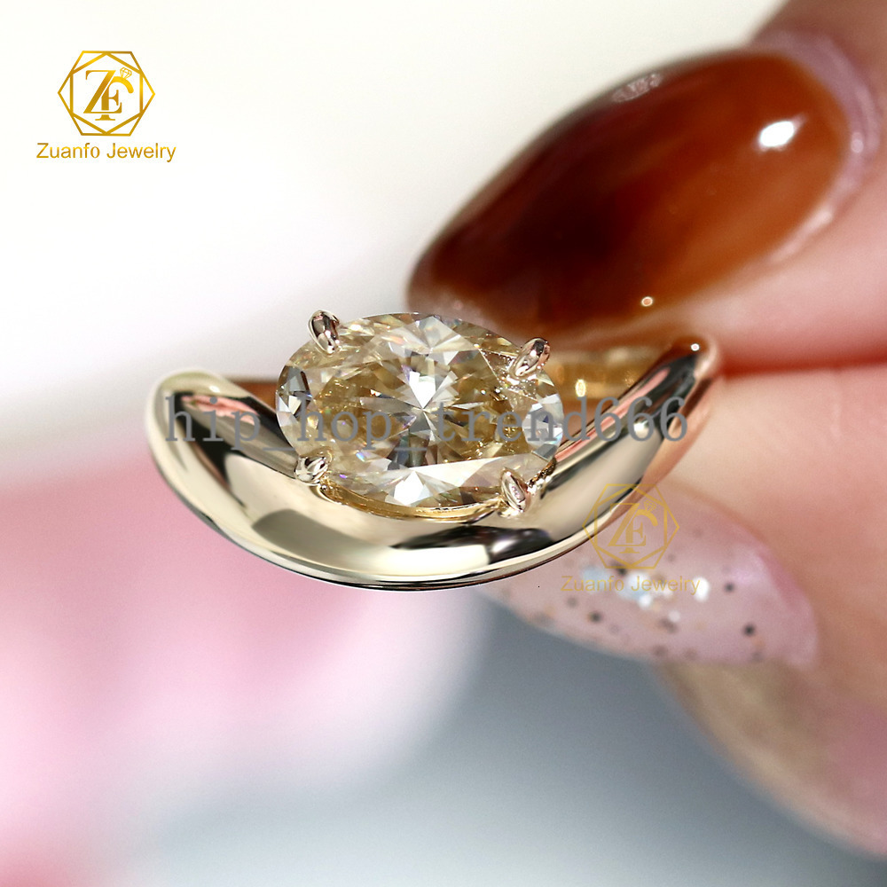 Oval Cut Curvy Design Champagne Moissanite Classic Wedding Ring 10K Gold 10ct Fine Jewelry Pinky Ring