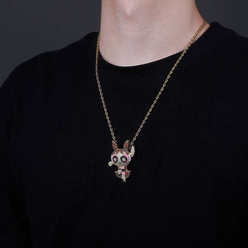 Jewelry Anime Cartoon Powerpuff Girls Style Pendant Colorful Moissanite Hip Hop Personality Necklace Jewelry