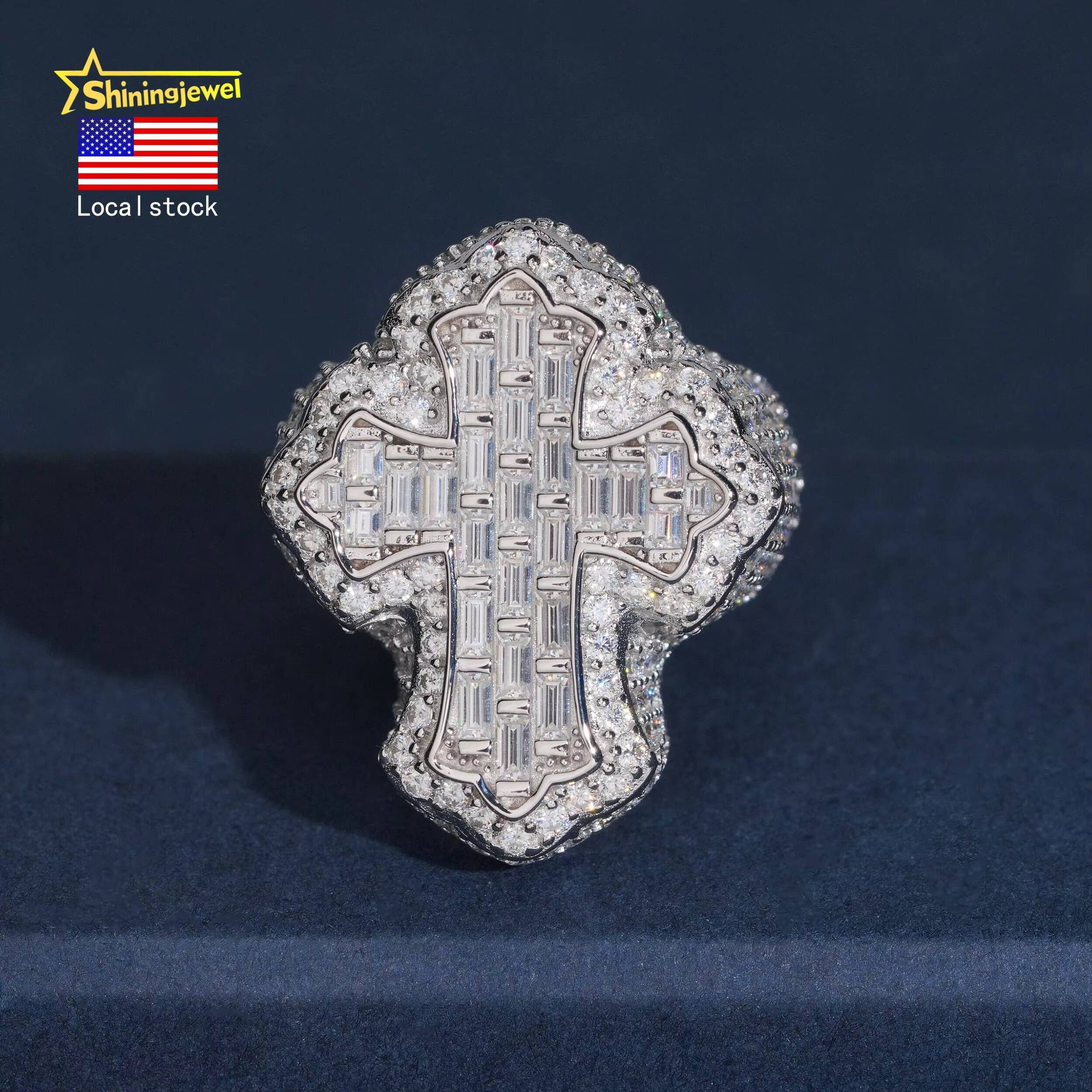 USA Warehouse Shipping 925 Silver Iced Out Baguette Moissanite Cross Ring Custom Hip Hop Moissanite Mens Ring Daily Wear