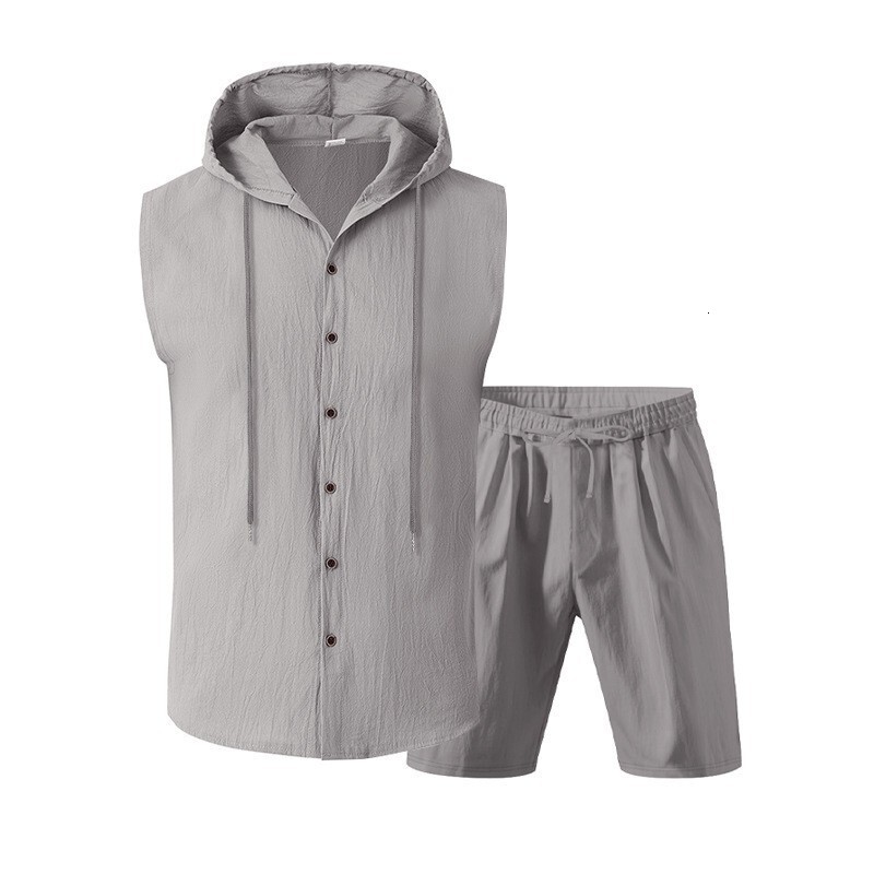 European And American Designer Polo T-shirt Men's Summer Designer Hoodie American Style Loose Linen Casual Simple Hooded Sleeveless Shirt And Shorts Two-piece Set