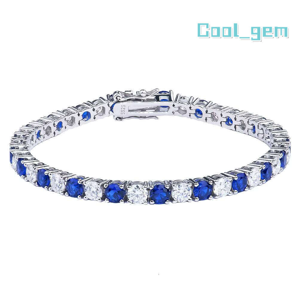 Premium Jewelry Men's 925 Sterling Silver Tennis Chain Bracelet Rhodium Plated Round Nano Sapphire Blue Moissanite