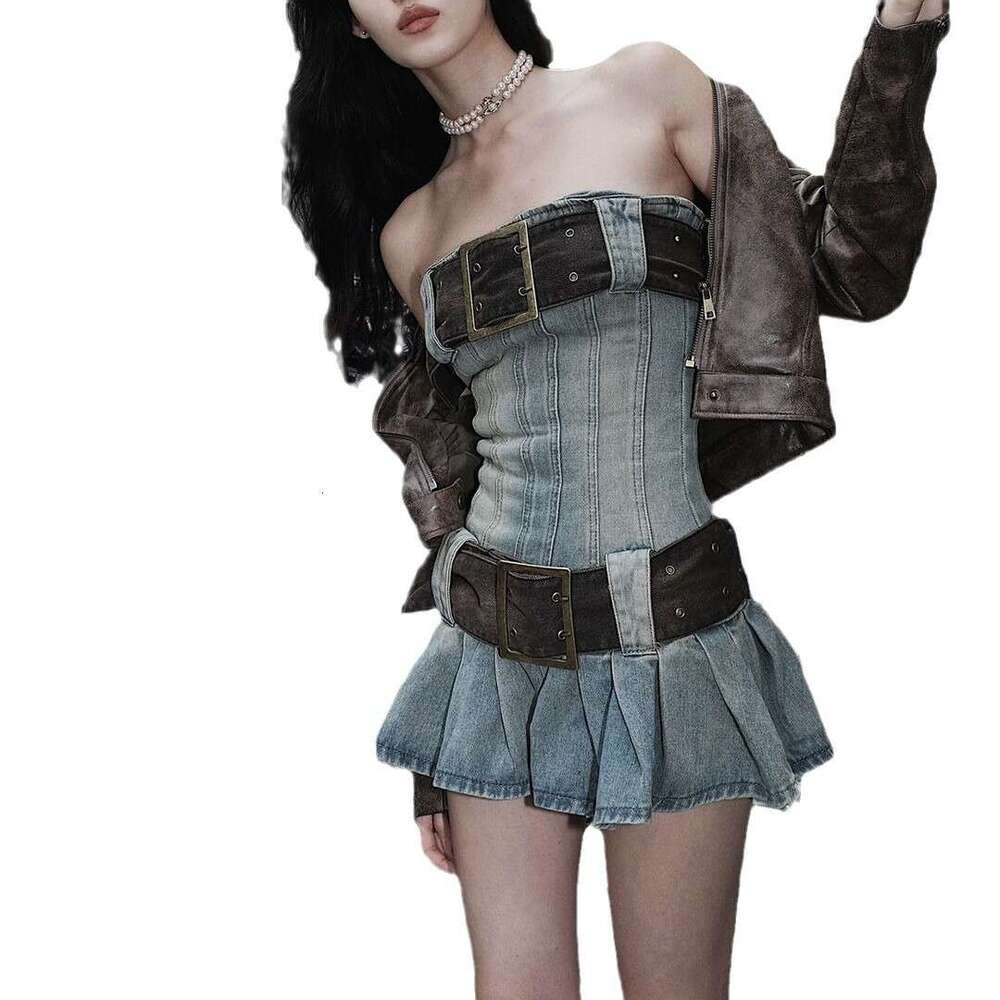 Dress designer dress Jaded London denim dress for women, stylish American retro design with belt, strapless pleated