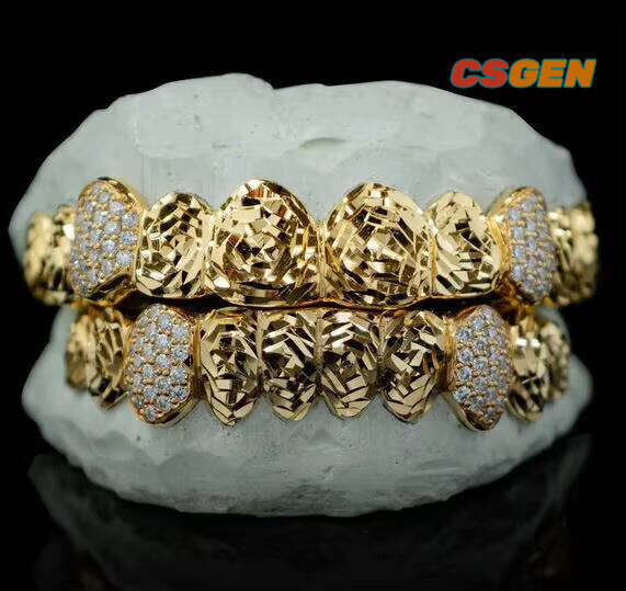 8X8 Top Bottom 14K Solid Gold 925 Sterling Silver Diamond Dust Moissanite Iced Teeth Grillz ROSE CUTS ICED FANGS Fine Cut Body