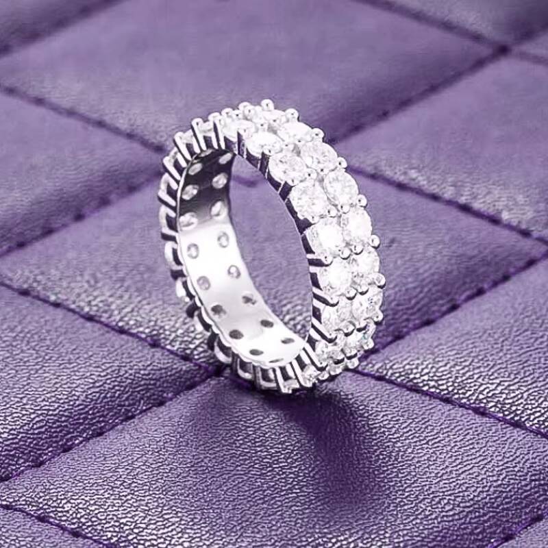 Hip Hop GRA D Color Bling 2 Rows Moissanite Iced Out Mens Band Ring With 925 Sterling Silver Pass Diamond Tester Wedding Ring