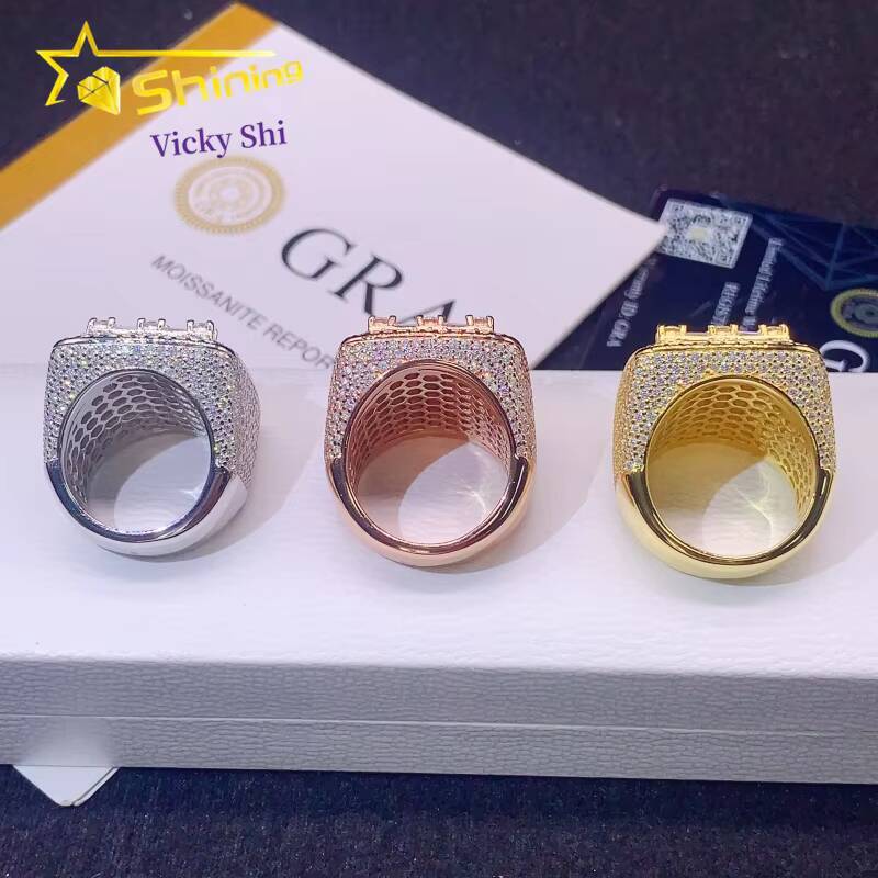 GRA Certificated 925 Solid Silver Gold Plated VVS Baguette Diamond Moissanite Custom Men Hip Hop Rings