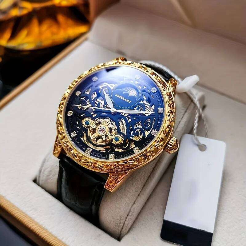 Cool, Popular, Best-Selling Men, Mechanical Watch with Hollow Design, Fashionable, Business Casual, Stylish, High-End, Light Luxury, Engraved Brand-Na