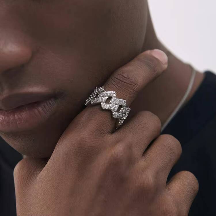 RTS Moissanite Cuban Ring Hip Hop Jewelry 925 Silver Ring for Men Women 2rows VVS Moissanite Cuban Ring