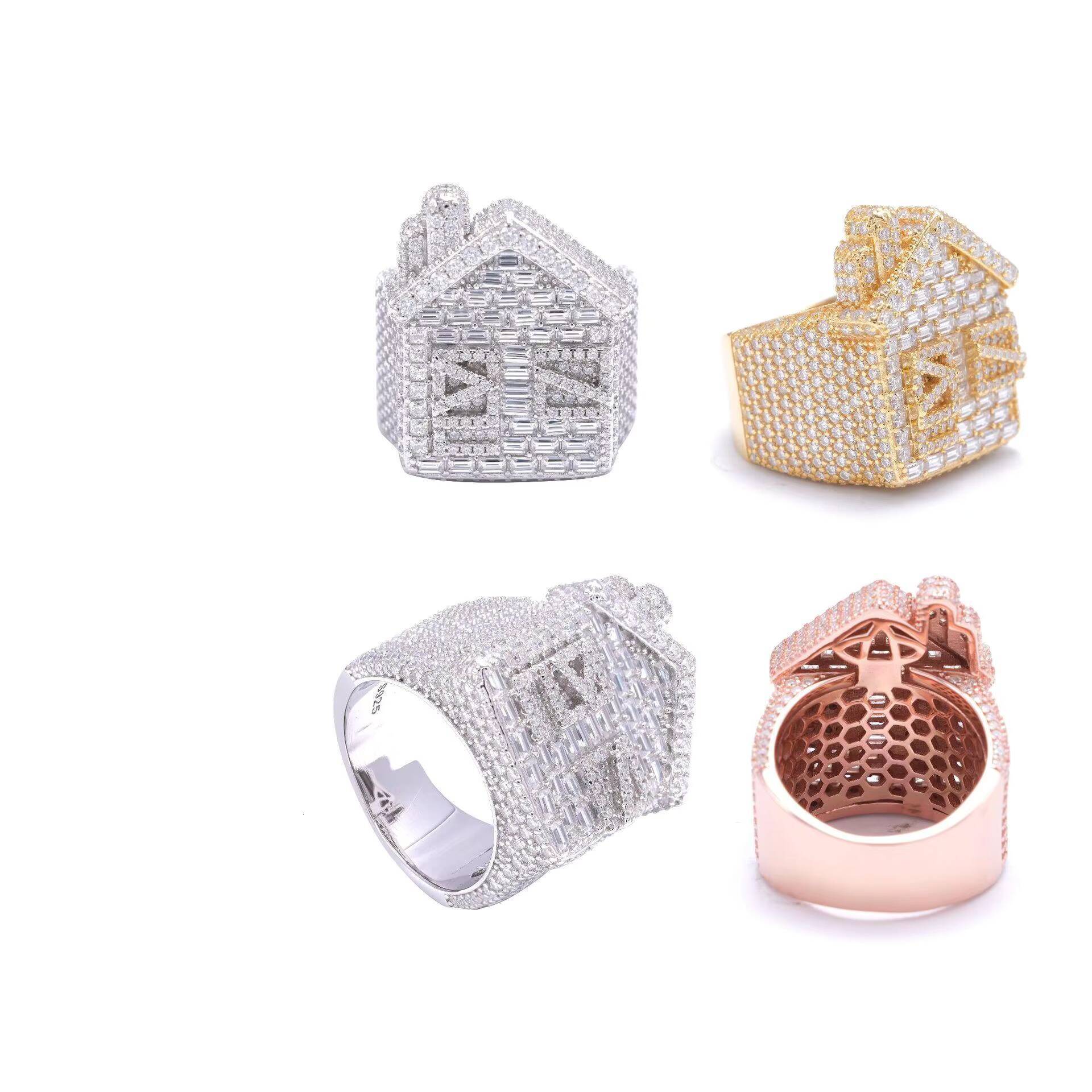 Hip Hop VVS D Color Moissanite Bling Mens Cluster Trap House Ring With 925 Sterling Silver Pass Diamond Tester