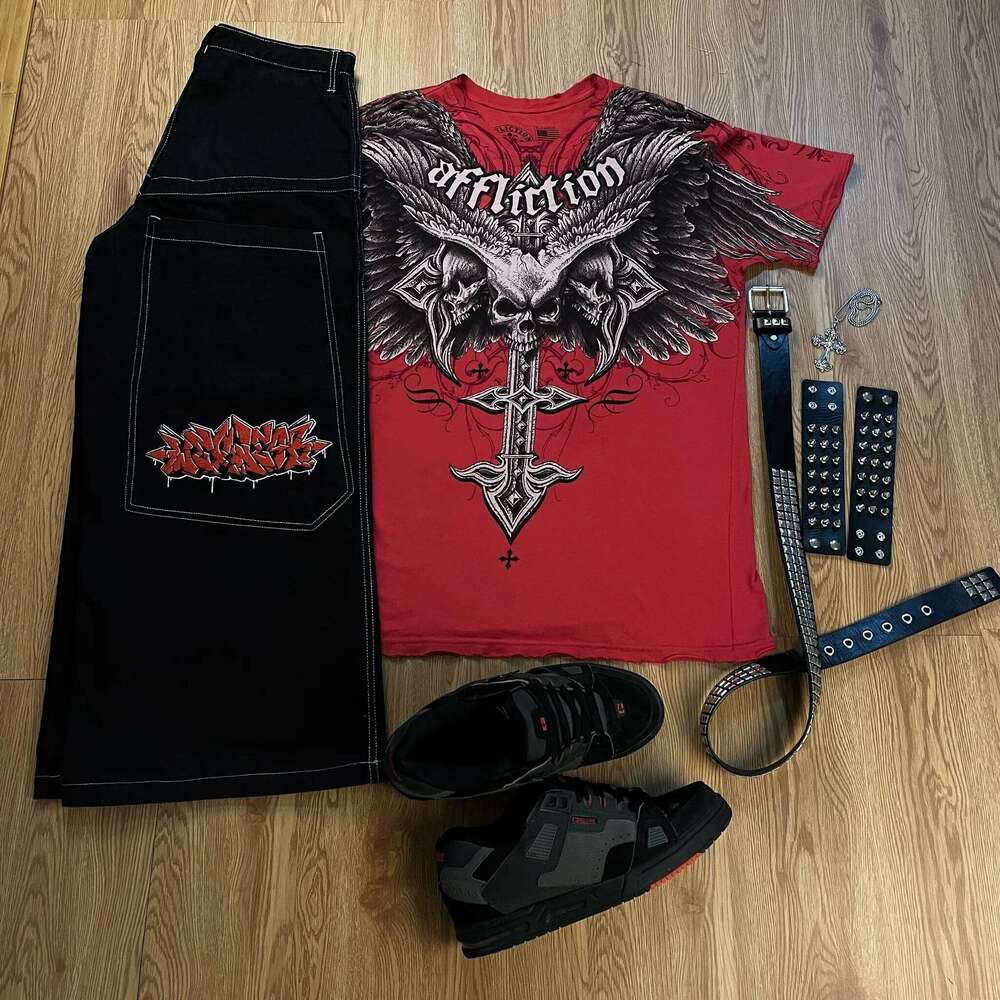 FeiFan Uniform Graphic Embroidered Y2K Jeans tracksuit t shirt for men Streetwear Harajuku Black Skateboard Pants Men's short sleeve men's s
