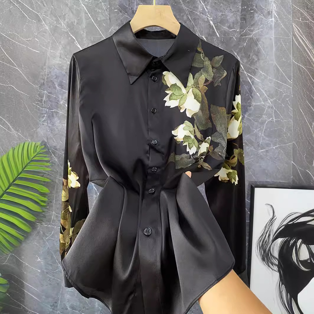 Luxurious Domestic Designer T-shirt Product! Designer Hoodie On The Polo Counter!retro Chinese-style Black Printed Faux Silk Top Mulberry Silk Long-sleeve Shirt