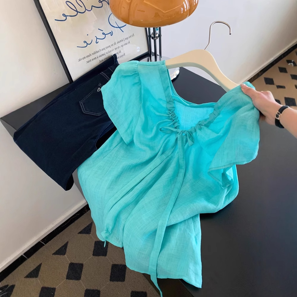 Ramie Blue V-neck Short-sleeve Shirt For Women Designer Hoodie Unique And Beautiful Top Light Luxury With A High-end Feel Designer T-shirt Polo New Summer Model