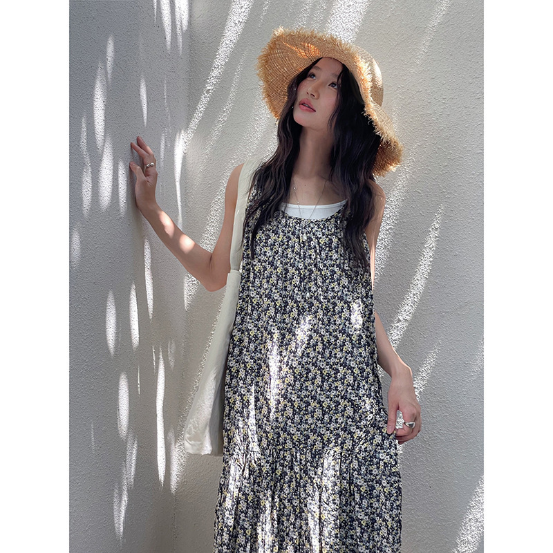 Floral Print French Retro Floral Strap Dress Summer New Designer Dress Mid-length Dress