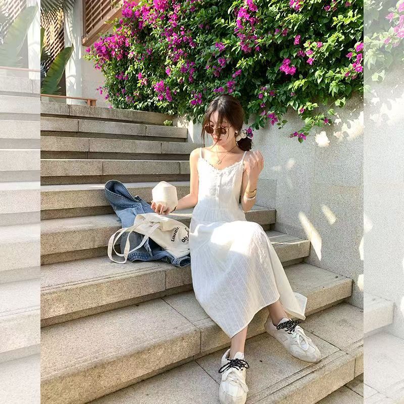 Gentle First Love Designer Dress Feel White Strap Dress For Women Spring New Beach Vacation Slimming Long Dress