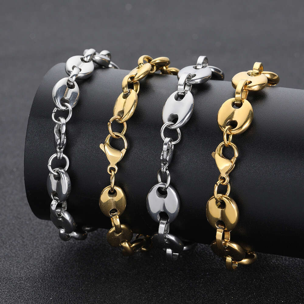 Jewelry Hip Hop style 8mm coffee bean with real gold plating lobster clasp 925 Sterling Silver 18K Gold pig nose button necklace