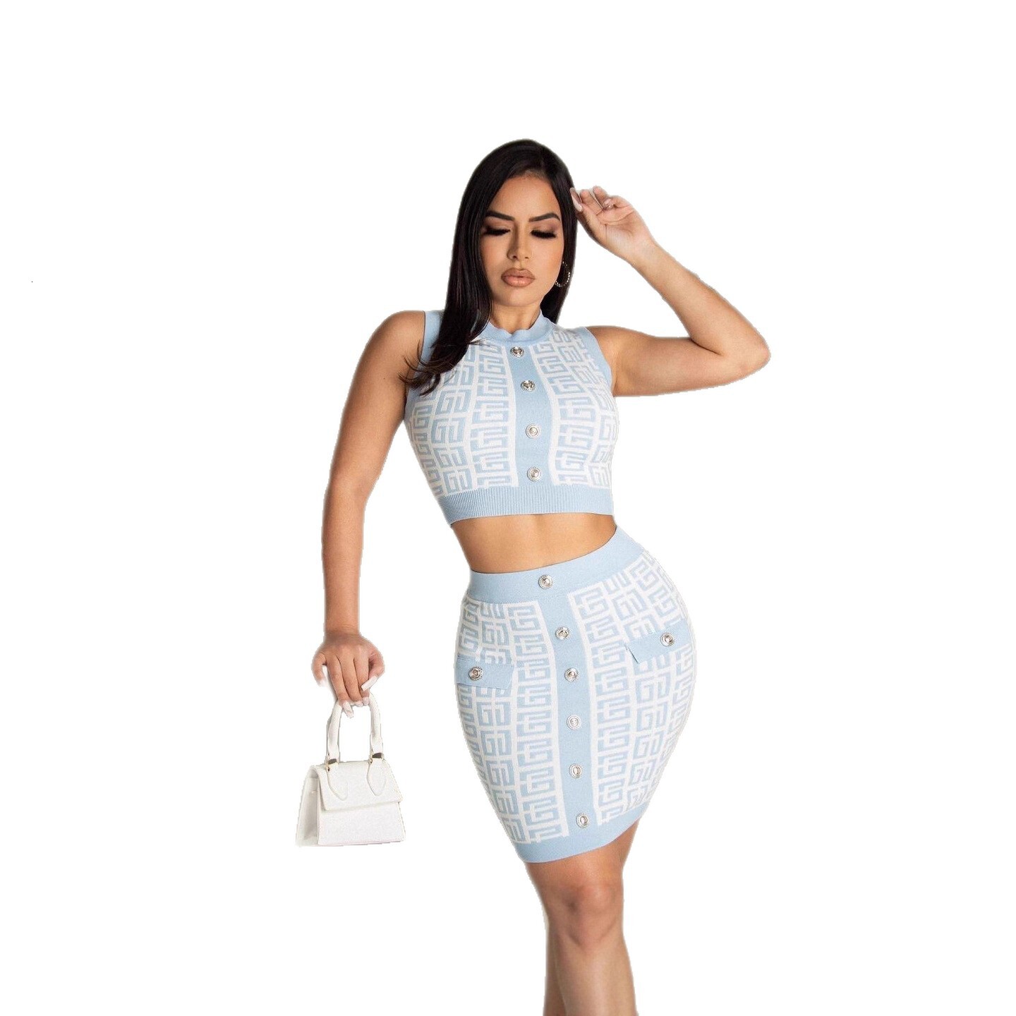 Luxury Brand Designer Clothes Foreign Rade European And American Fashion Women's Clohing, Round-Neck Sleeveless Shor Skir Se, Elasic Geomeric Pae