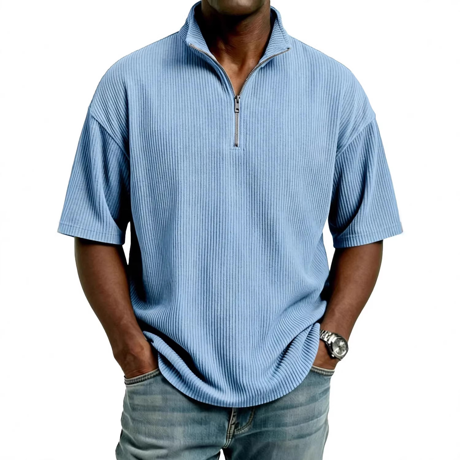 2026 Independent Station Summer New Men's Designer Hoodie Simple Corduroy Stand Collar Zipper Casual Designer T-shirt Polo Short Sleeve Polo Shirt