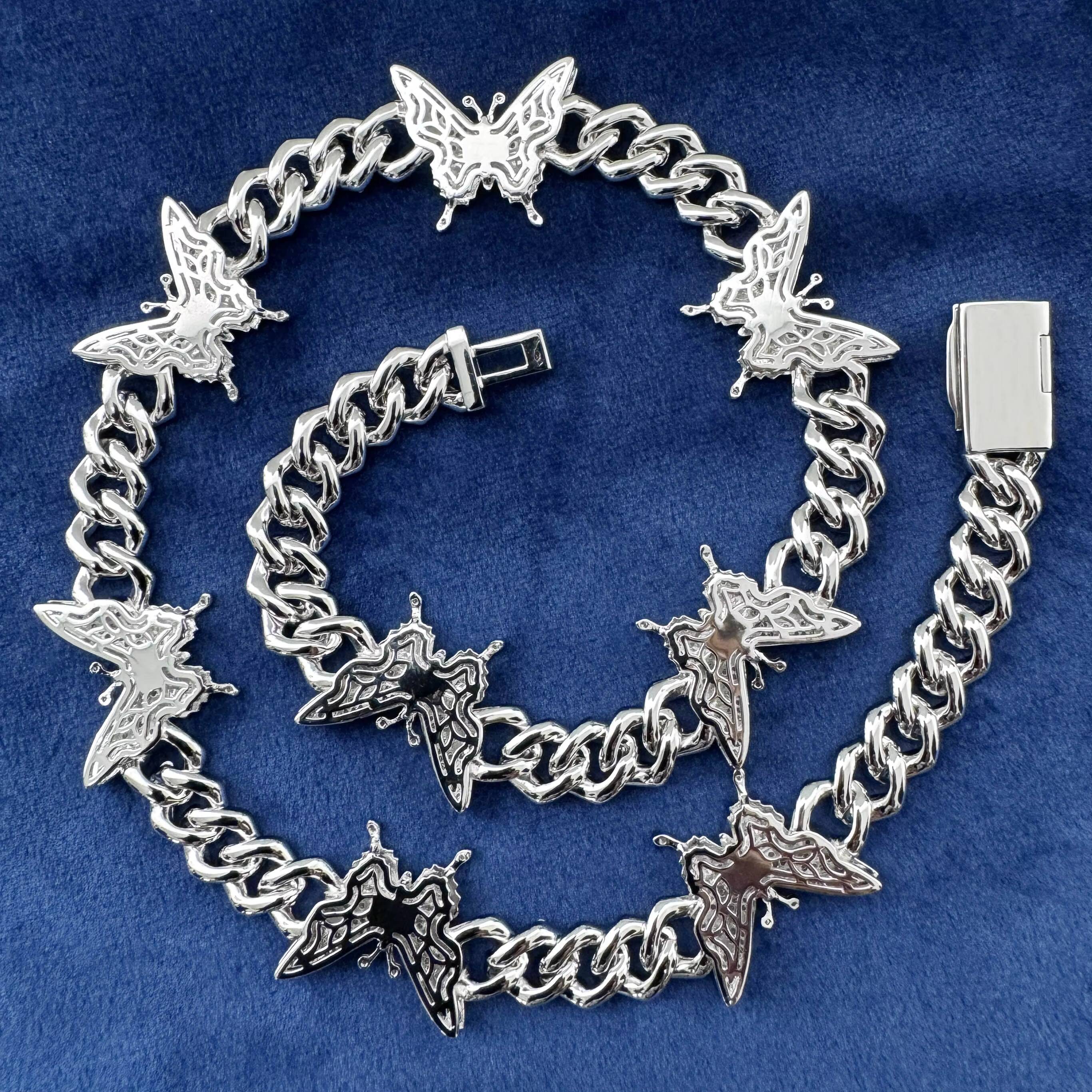 Hiphop Butterfly Cuban Link Necklace 925 Sterling Silver 2Rows 12mm Iced Out Moissanite Cuban Chain