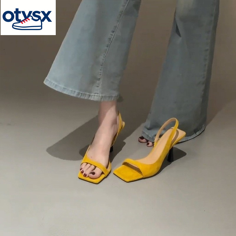 2026 New Women's Square toed Open toed Sandals Summer French Dress Thin Heel Bareback Black High Heels Casual Shoes
