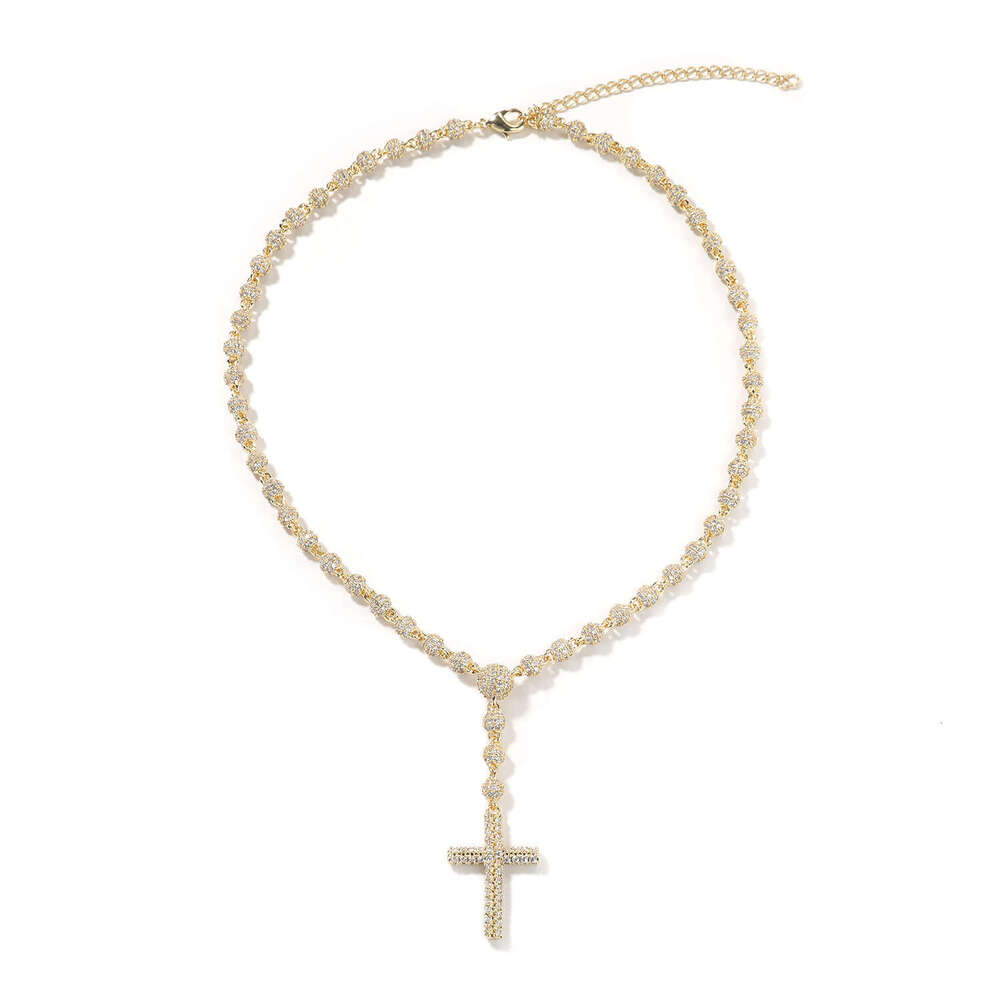 Vintage Moissanite Jewelry New Style 5mm Round Bead Cross Necklace Rosary Collarbone Chain Niche Hip Hop Accessories