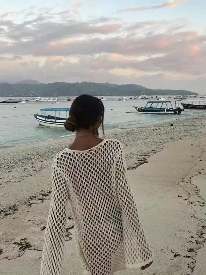 Beach Style Hollow Out Bikini Cover-UpRound Neck Knit Long Sleeve Casual Dress Fitted Plain nPerfect for Summer Holiday 260318