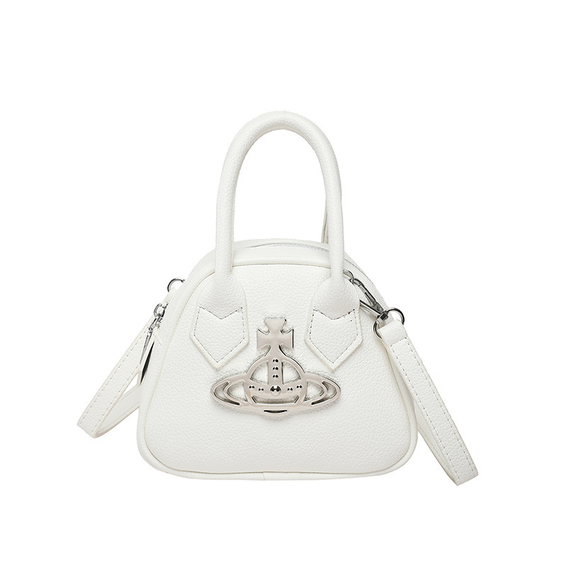 Designer, Luxury Empress Saturn Handheld Bowling Bag Litchi Texture Large Capacity Shoulder Crossbody Bag Simple Punk Style Women's Bag