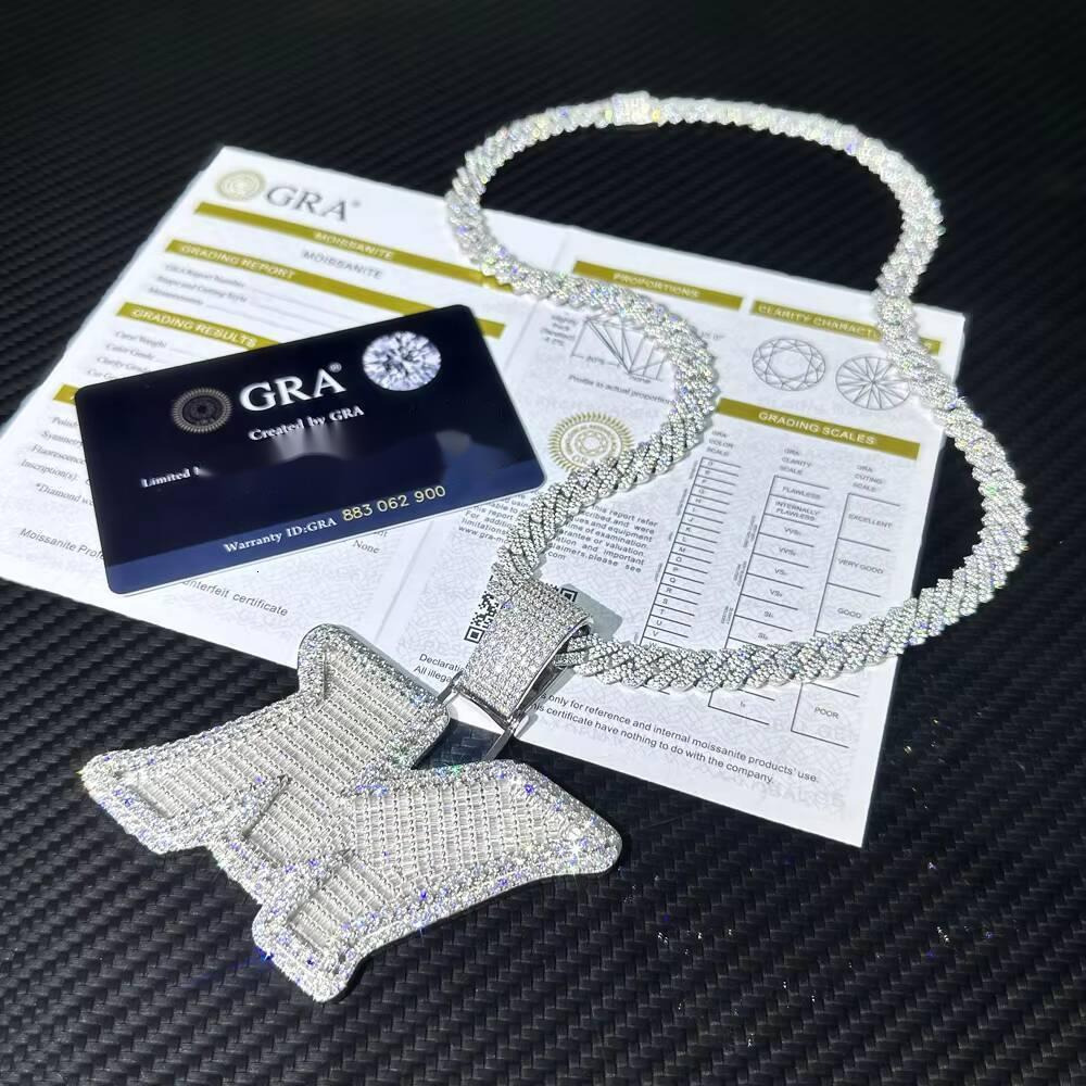 Custom Iced Out Letter A-Z Pendant 925 Silver Baguette Initial VVS Moissanite Diamond Pendant Link Chain Hip Hop Fine Jewelry