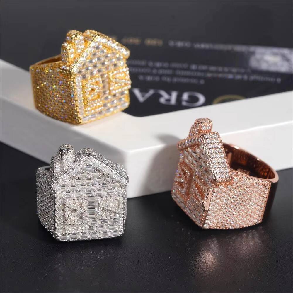 Hip Hop VVS D Color Moissanite Bling Mens Cluster Trap House Ring With 925 Sterling Silver Pass Diamond Tester