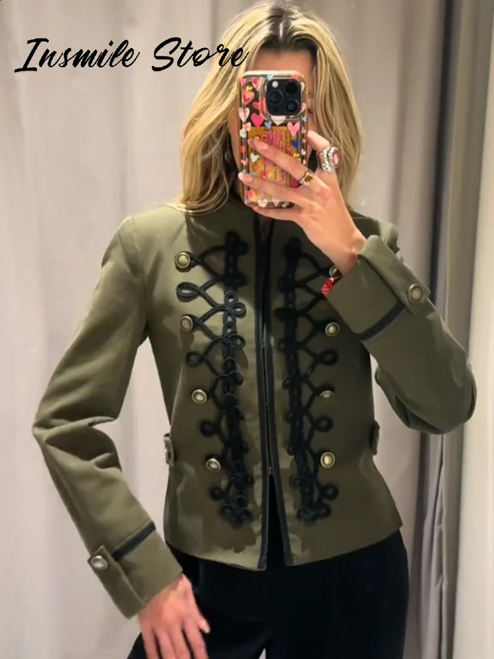 Vintage Napoleon Military Jacket Women Stand Collar Braided Frog Closure Cropped Coat 2026 Spring Fashion Street Outerwear 260321