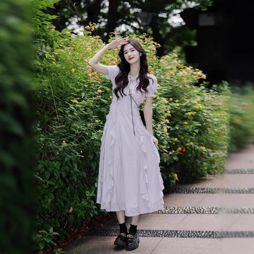French Designer Dress Style Platycodon Bubble Sleeve Purple Dress For Women Summer New Ruffled Elegant Slimming Stunning Long Dress