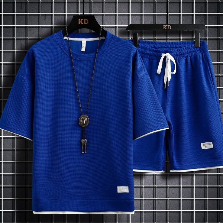 Waffle Knit Sports Casual Suit For Men Designer Hoodie Hong Polo Kong Style Loose Fit Designer T-shirt Large Size Faux Two-piece Short-sleeve Shorts S