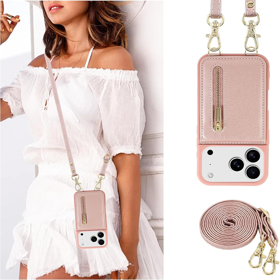 Crossbody Wallet Case for iPhone 17 ProMax with Lanyard Strap Card Slot Holder RFID Blocking Kickstand Magnetic Flip Folio Zipper Purse Case PU Leathe - view 6