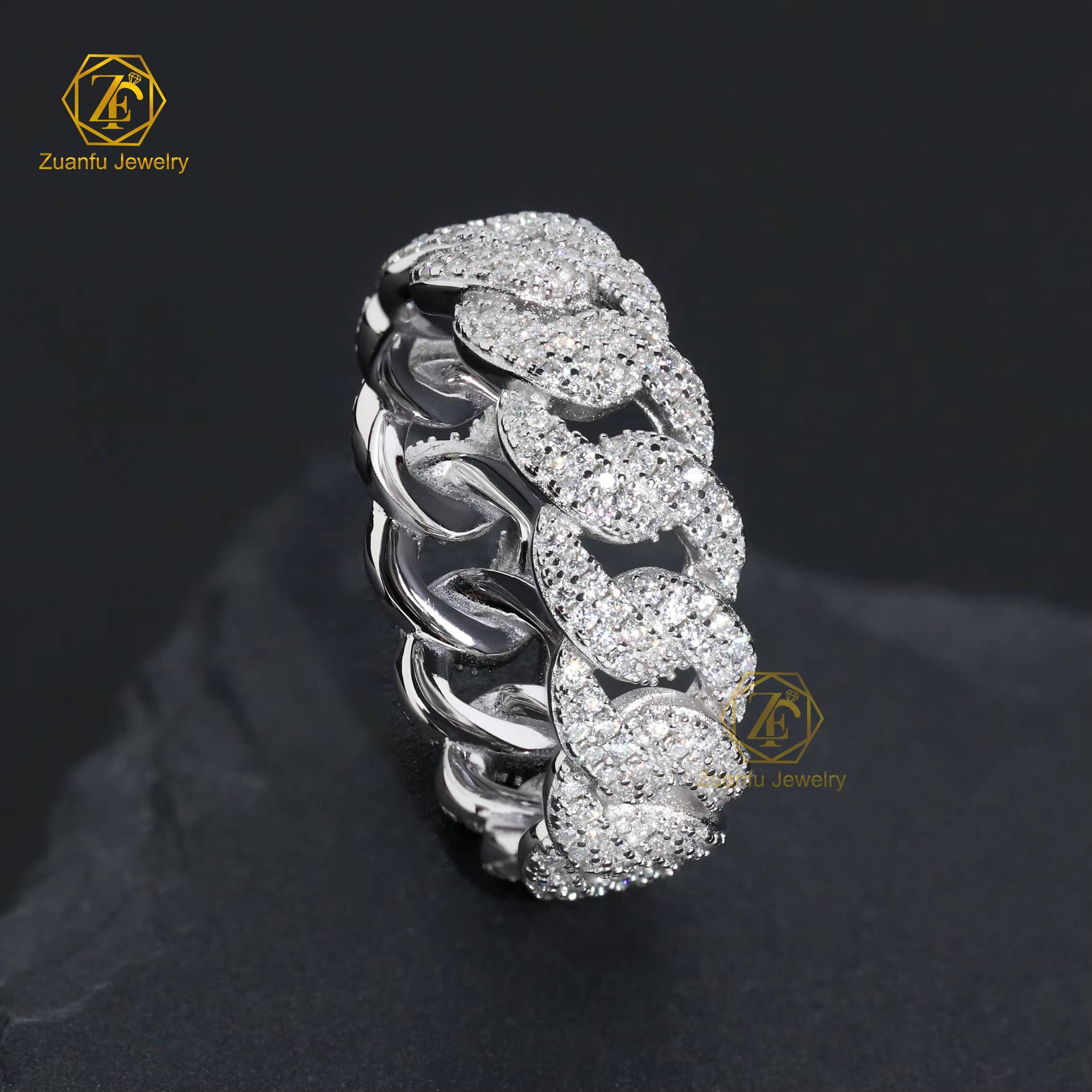 Hot Sale Hiphop Ring Jewelry Two Rows VVS Moissanite Cuban Ring 925 Silver Rapper Men Ring