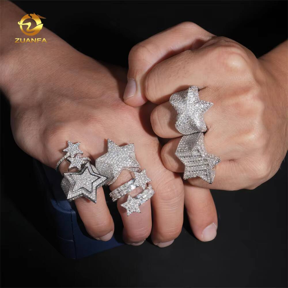 Hot Sale Instock Iced Out Star Moissanite Men Diamond Rings 925 Silver Hip Hop Ring Pass Diamond Tester Fashion Men Cuban Ring