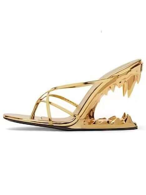 Spring New European And American Fashion Show Tooth-Shaped Irregular Women's High Heel Slippers Catwalk Style Wedge Cross