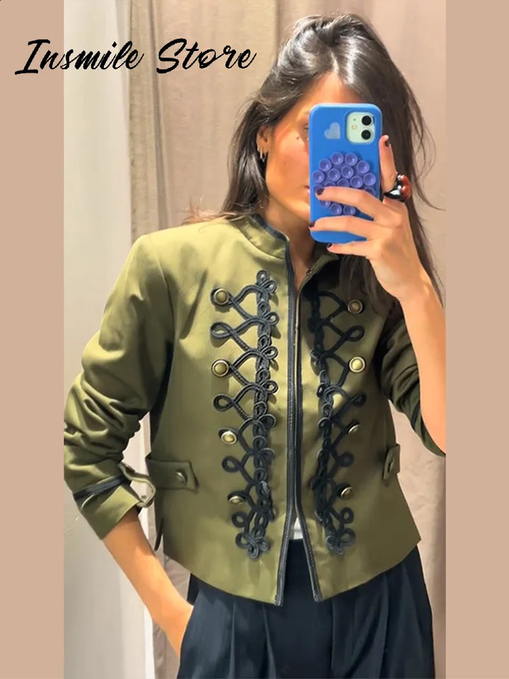 Vintage Napoleon Military Jacket Women Stand Collar Braided Frog Closure Cropped Coat 2026 Spring Fashion Street Outerwear 260321