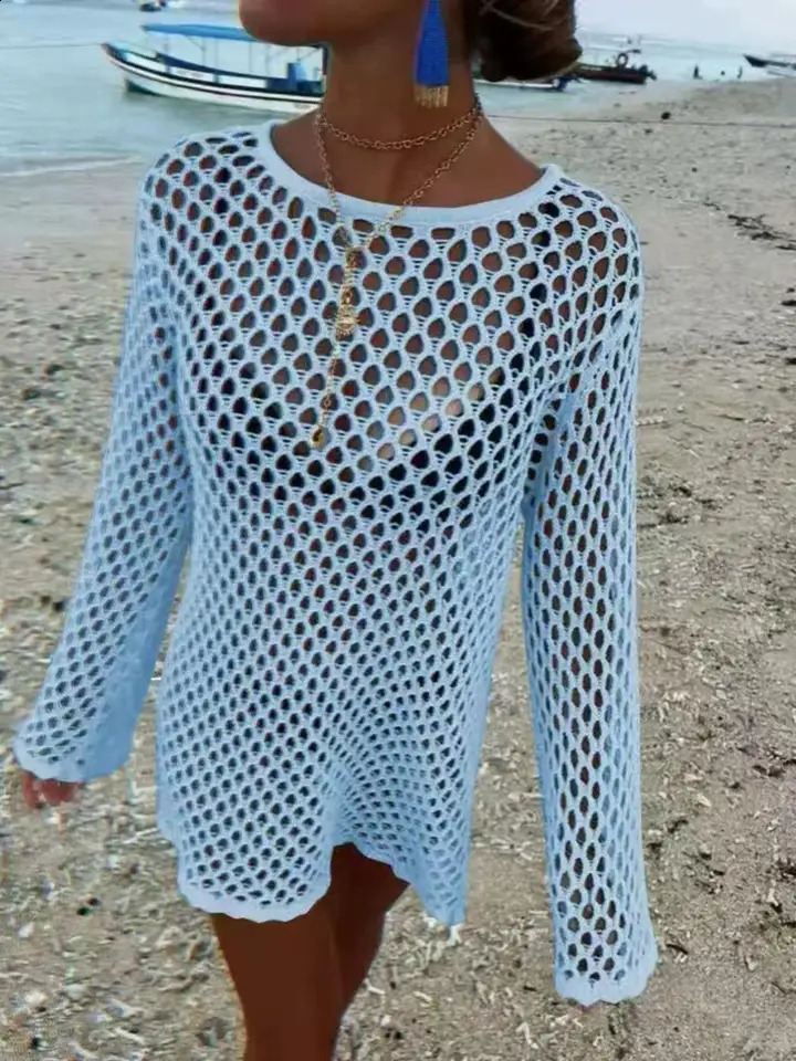 Beach Style Hollow Out Bikini Cover-UpRound Neck Knit Long Sleeve Casual Dress Fitted Plain nPerfect for Summer Holiday 260318