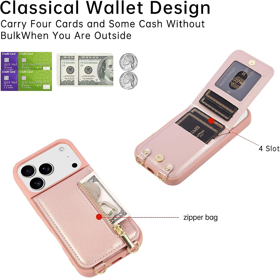 Crossbody Wallet Case for iPhone 17 ProMax with Lanyard Strap Card Slot Holder RFID Blocking Kickstand Magnetic Flip Folio Zipper Purse Case PU Leathe - view 7