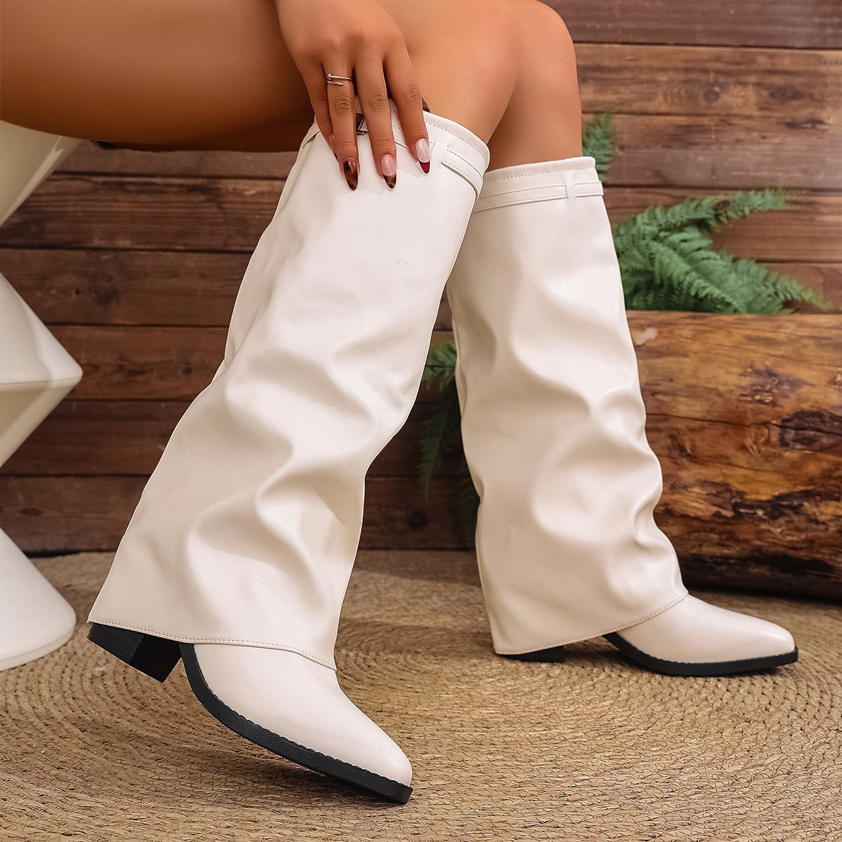 Luxury design boots 2026 New Pleated High Heel Fashion Boots for Women, Chunky Heel Plus Size British Style High Shaft Trouser Boots Size 36-43